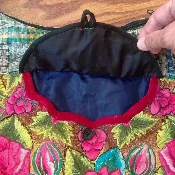 Tapestry Floral Embroidered Boho Ethnic Plaid Hobo Purse Slouchy Shoulder Bag - Picture 5 of 11